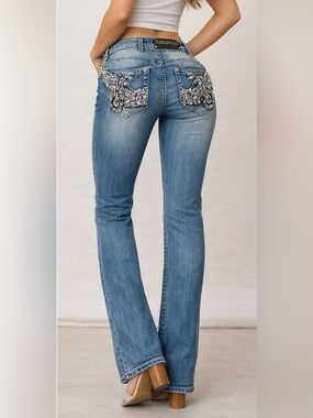 Women's Platinum Plush Chrome Rider Embroidered Bootcut Jeans NEW